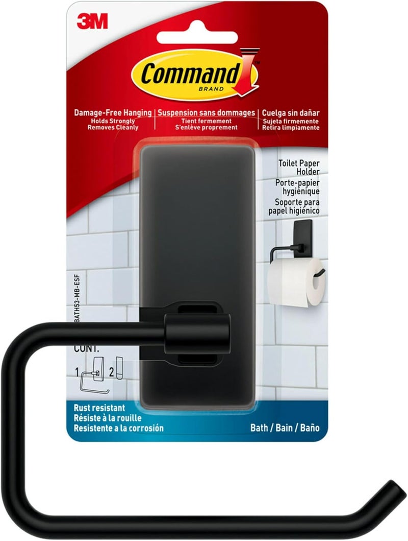 Command Toilet Paper Holder Matte Black with Water Resistant Strips, Rust Resistant Bathroom Organizer - Image 1